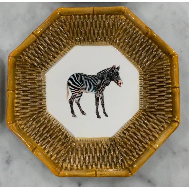 Safari Animal Salad Plates W/ Rattan & Bamboo Borders Set of 4 - Attrib. To Raymond Waites - Palm Beach Regency, Safari Entertaining - See Pics! For Sale In New Orleans - Image 6 of 8