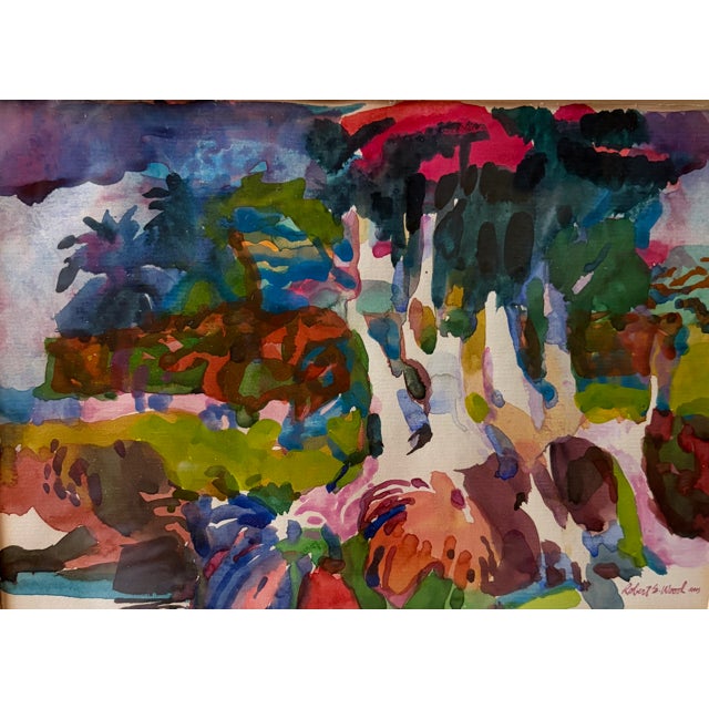 Immerse your space in the vivid, luminous beauty of Mid-Century modernist landscape art with this original watercolor...