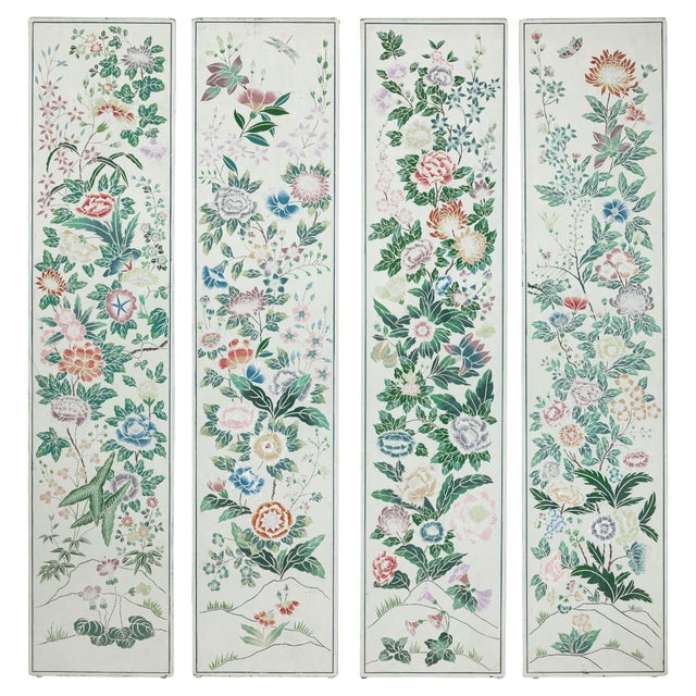 Chinese Painted Panels with Spring Flowers and Butterflies - Set of 4 For Sale