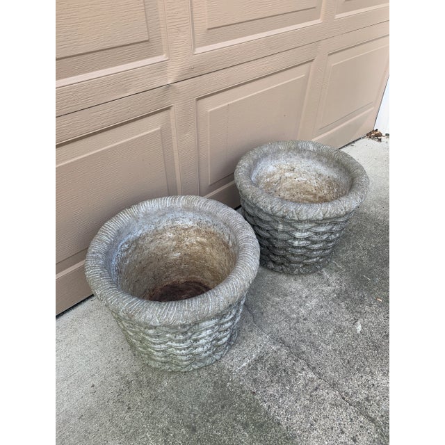 Pair of Vintage French Country Basketweave Cast Concrete Garden Planters For Sale - Image 4 of 8