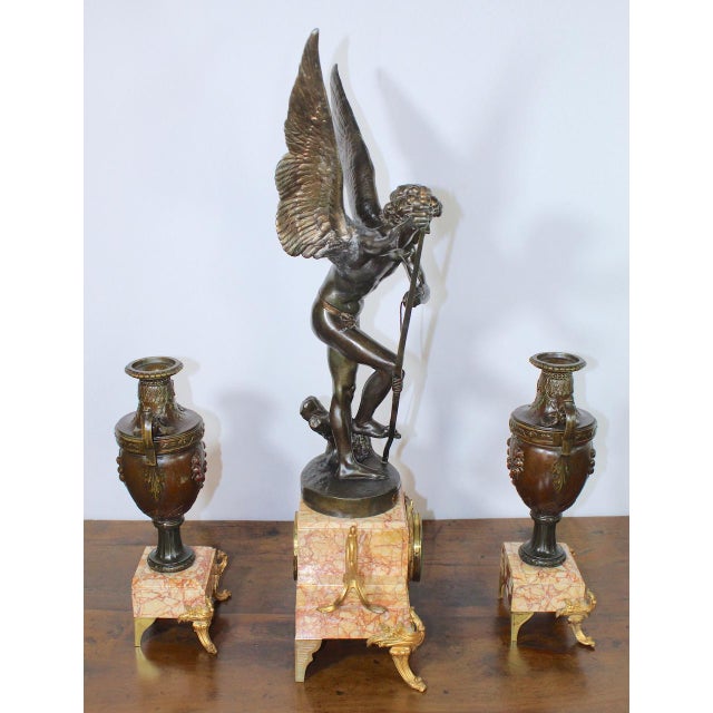 Late 19th Century Antique French 1896 “Amour Irresistible” Angel Statue Pink Marble 3-Piece Clock Set For Sale - Image 5 of 17