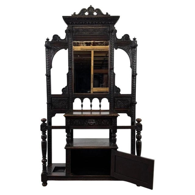 Antique English Victorian Green Man Hall Stand in Carved Oak, 1800s For Sale - Image 4 of 14