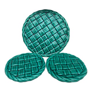 1950s Green Majolica Trivet & Wine Coasters Vallauris - Set of 3 For Sale