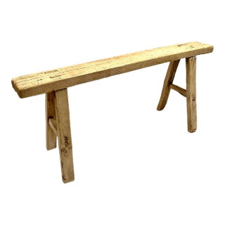Early 20th Century Antique Rustic Handcrafted Elm Wood Skinny Bench For Sale