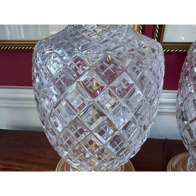 Glass Elegant French Finely Cut Crystal Cyclades Pattern Table Lamps With Fancy Brass Bases - A Pair For Sale - Image 7 of 11