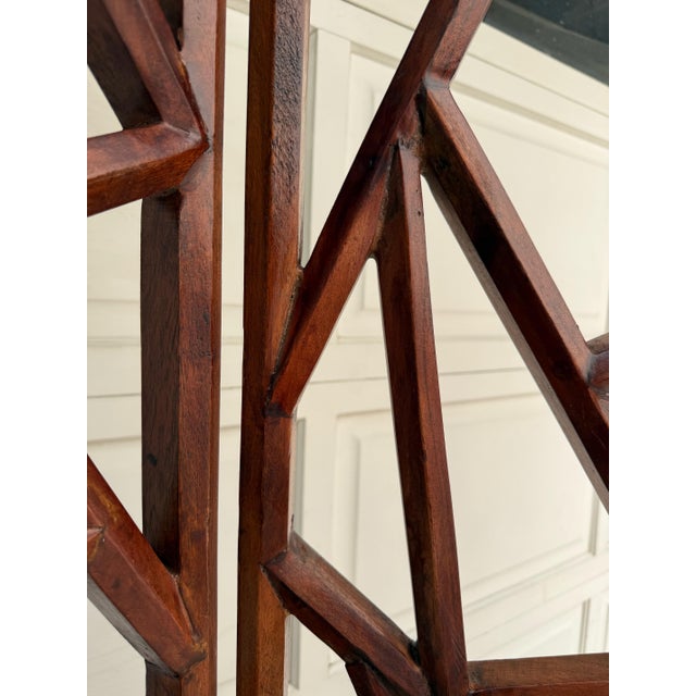 Mid-Century Modern Organic Modern Geometric Wood Three-Panel Folding Screen Room Divider For Sale - Image 3 of 10