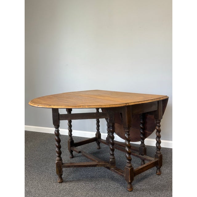 Brown Antique English Oak Drop Leaf Gate Leg Table With Barley Twist For Sale - Image 8 of 12
