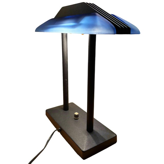 1980s Postmodern Memphis Blue Glass Desk Lamp Geometric Light by Robert Sonneman For Sale In Los Angeles - Image 6 of 9