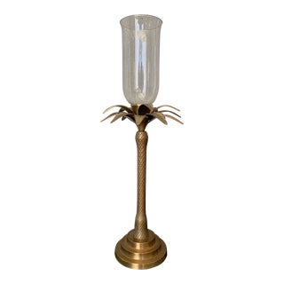 Mid 20th Century Large Brass Palm Taper Candle Holder With Glass Hurricane For Sale