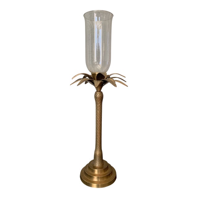 Mid 20th Century Large Brass Palm Taper Candle Holder With Glass Hurricane For Sale