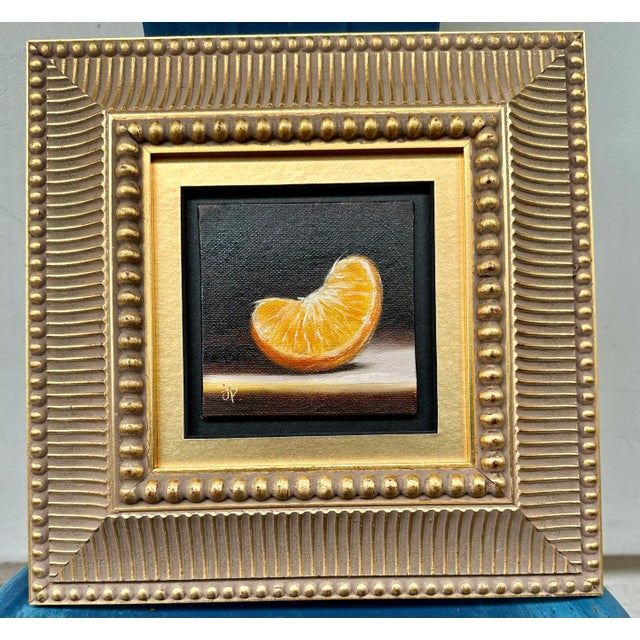 21st Century Orange Slice Oil on Board Gilt Wood Framed Painting Yellow Black Gold Handmade Signed Still Life Fruit For Sale - Image 13 of 13
