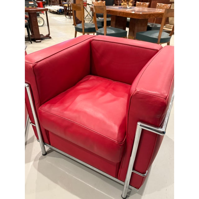 Chrome and Red Leather Club Chairs in the Style of Le Corbusier - A Pair For Sale - Image 13 of 14