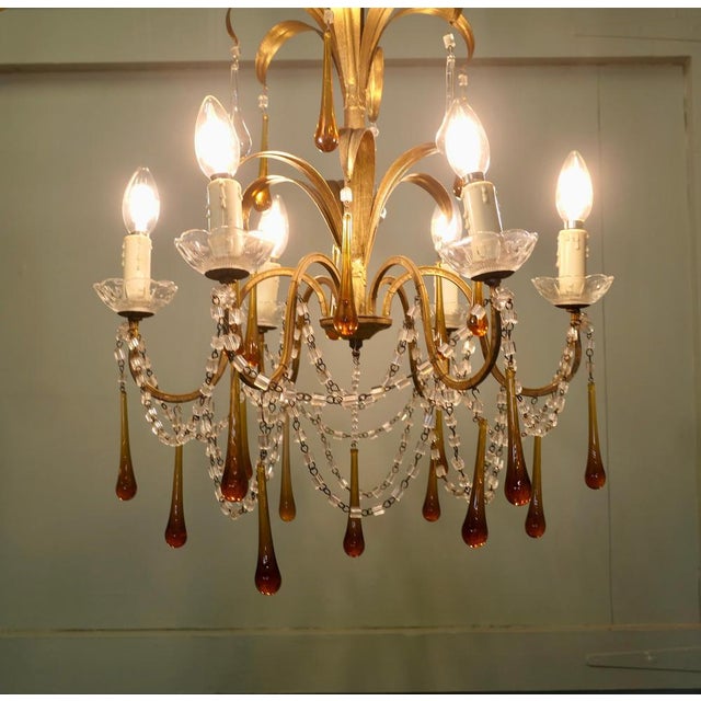 French Gilt Tolewear Chandelier with Amber Crystal Teardrops, 1910 For Sale - Image 4 of 9