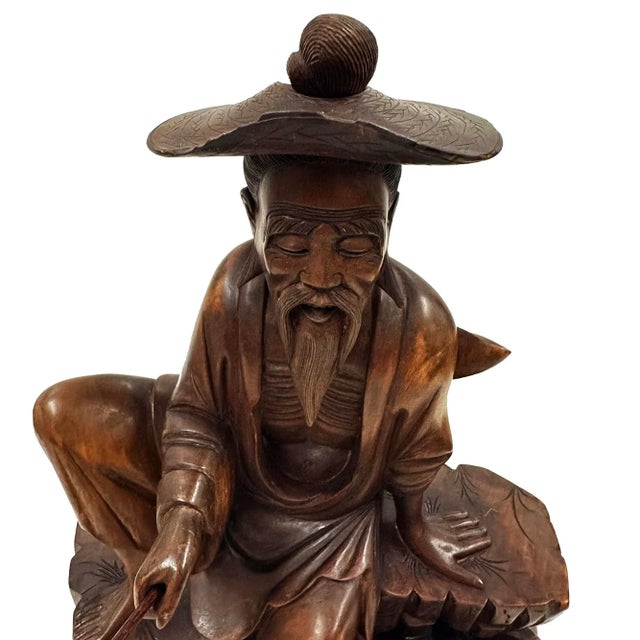 Mid-20th Century Chinese Wooden Carved Jiang Taigong Fishing Statue For Sale - Image 12 of 13