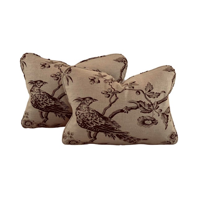Designer Fabricut Chocolate Brown & Tan "Amacus Bird" Botanical French Country Toile Pillow Covers- Pair For Sale In Jacksonville, FL - Image 6 of 6