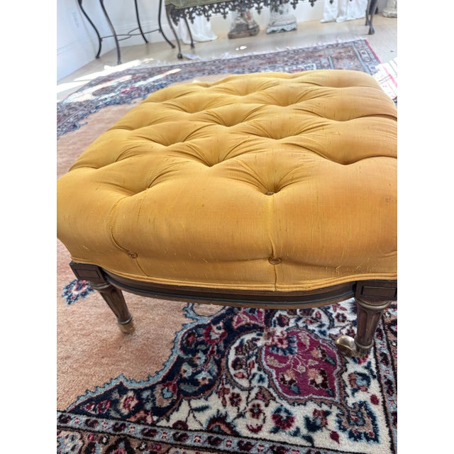 Vintage Louis XVI Style Tufted Gold Ottoman With Brass Paw Feet For Sale In San Diego - Image 6 of 10