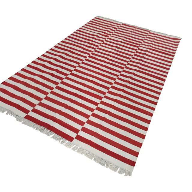 Handmade Cotton Striped Rug, Red And White 8'x10' For Sale