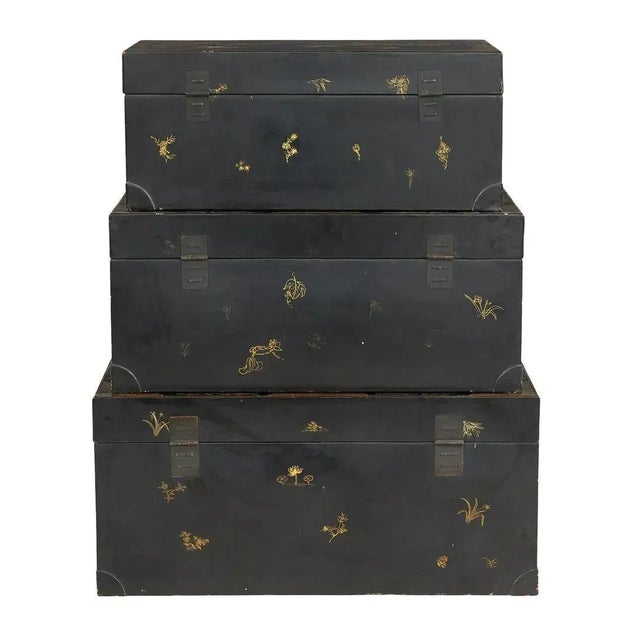 Paper Early 20th Century Set of Three Nested Chinese Ebonized Trunks For Sale - Image 7 of 13