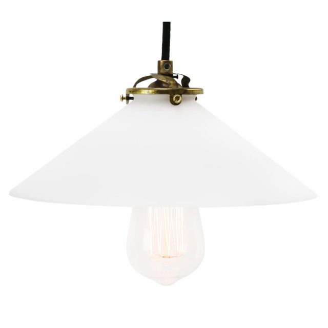 Mid-Century Modern French Opaline Glass and Brass Pendant Lamp For Sale