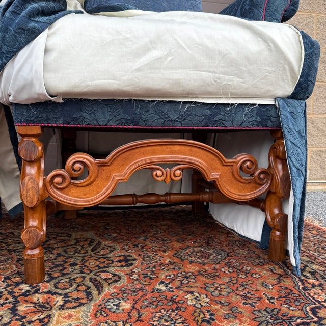 Vintage Baker Furniture William and Mary Walnut, Blue Damask Custom Built High Seat Throne Lounge Chairs - A Pair For Sale - Image 15 of 18
