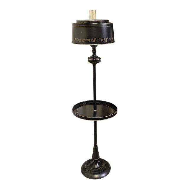 Vintage French Empire Bouillotte Black Tole Floor Lamp With Metal Shade Drinks Table For Sale