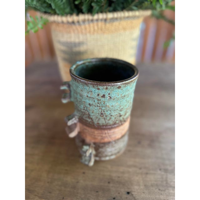 Abstract Handbuilt Textured Ceramic Vase: Green Brown Glaze Studio Pottery Sculpture For Sale - Image 3 of 12