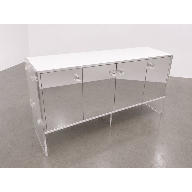 Vintage Mirrored Credenza With Lucite Sides & White Laminate For Sale - Image 4 of 9
