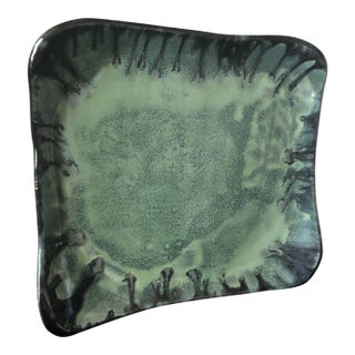 2000s Pottery Art Handcrafted Dish in Black/Olive Waves Signed by Rose Weiss For Sale