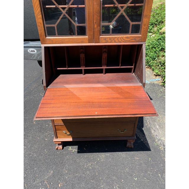 Antique Secretary Desk Fold Down Glass Hutch With Drawers