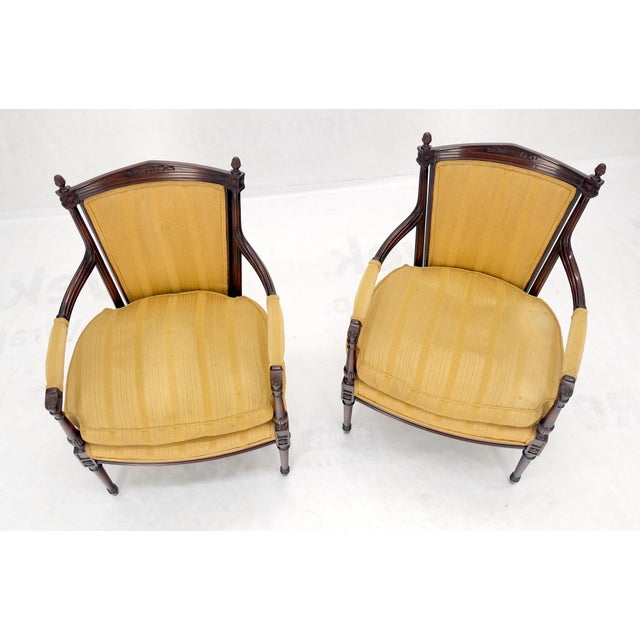 Pair Gold Silk Upholstery Fine Carved Acorn Finials Lounge Fireside Chairs MINT! For Sale - Image 16 of 16