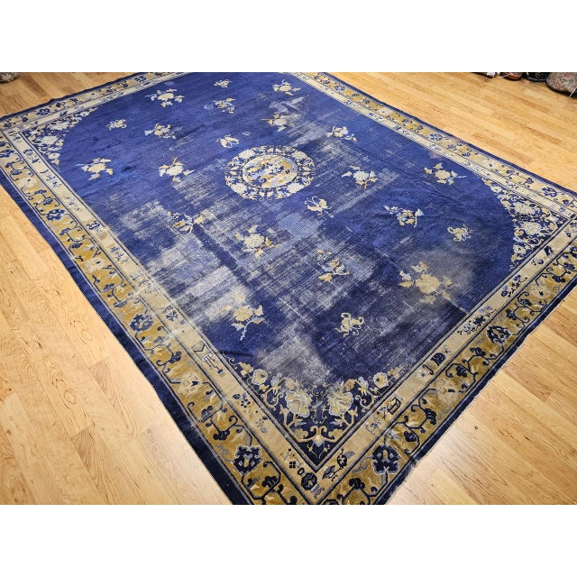 19th Century Chinese Peking Rug, Handwoven Wool, Indigo & Yellow, 10' x 14' For Sale - Image 14 of 15