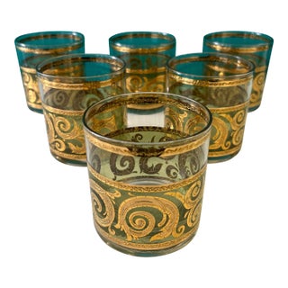 1960s Culver Hand Painted 18k Gold Green Glass Swirl Motif Cocktail Rocks Glasses Set of 6 Signed For Sale
