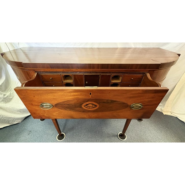 19th Century Sheraton Style Mahogany Bowfront Butler's Sideboard With Secretary Desk, Locks and Keys For Sale - Image 4 of 18