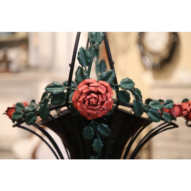 Mid 20th Century Vintage French Painted Metal Hanging Baskets With Floral and Leaf Decor - a Pair For Sale - Image 11 of 13