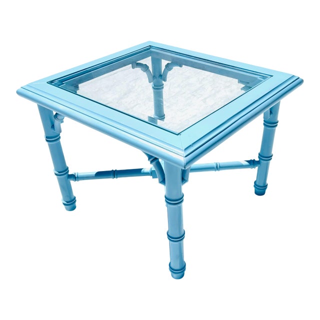 70's Vintage Lane Faux Bamboo Glass Top End Table Newly Painted Robins Egg Blue For Sale
