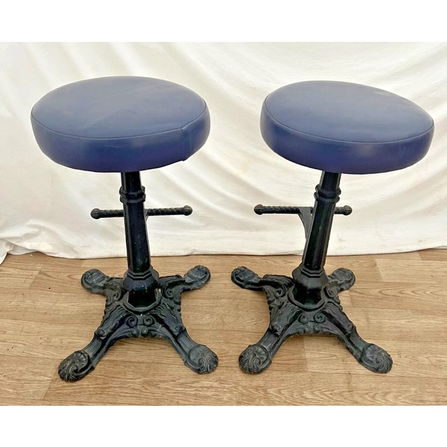 Victorian Vintage Cast Iron Bar Stools Barley Twist Footrest Swivel Seat Set of Two For Sale - Image 3 of 10