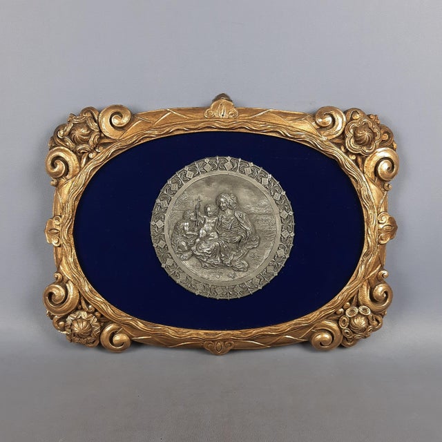 Stunning vintage sacred painting, with central high relief in cast pewter, embossed and engraved by hand. Depiction of the...