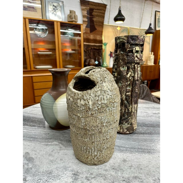 Large Mid Century Studio Pottery Floor Vase. Heavy textured handmade studio pottery vase in gray and beige, interesting...
