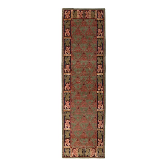 Classic European-Style Runner Green Red Custom Rug Pattern by Rug & Kilim For Sale
