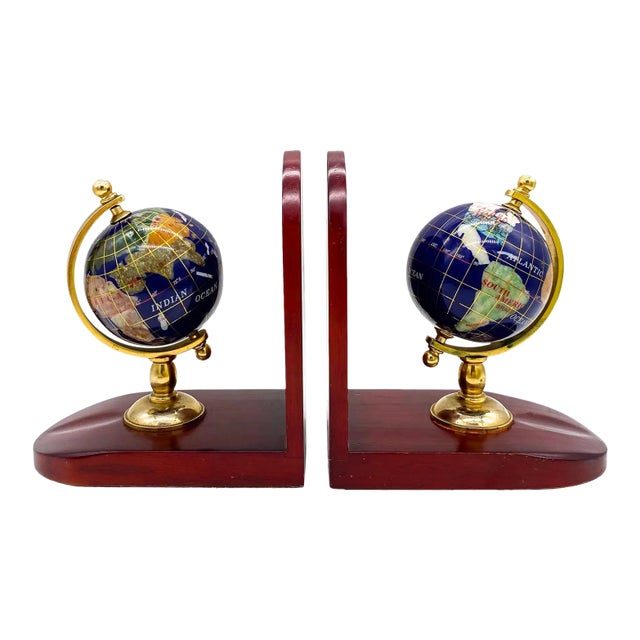 Vintage Semi-Precious Stone Globes on Wood Bookends- A Pair For Sale
