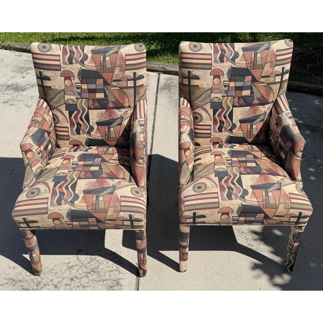 Textile Vintage Postmodern Parsons Armchairs With Memphis-Style Geometric Upholstery, Pair For Sale - Image 7 of 12