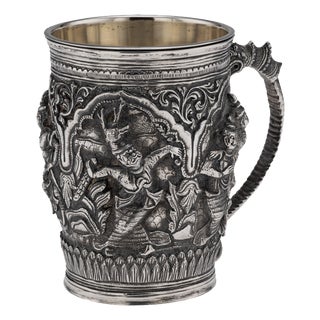 Antique 19th Century Burmese Silver Repoussé Jataka Tales Mug, 1890 For Sale