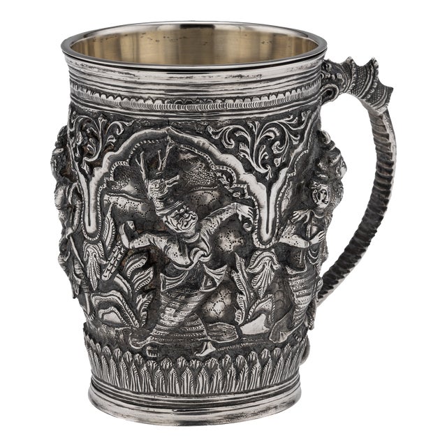 Antique 19th Century Burmese Silver Repoussé Jataka Tales Mug, 1890 For Sale