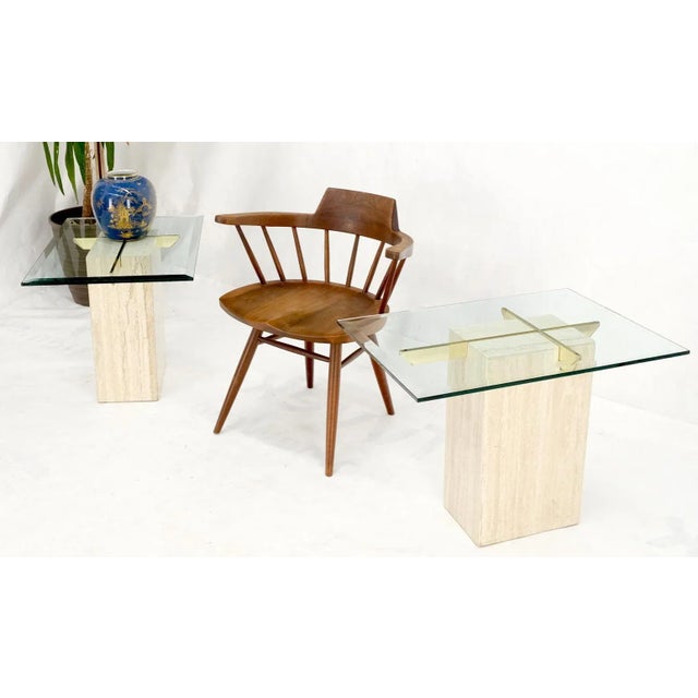Pair of Travertine Pedestal Bases Brass Frames Glass Tops End Side Tables Stands For Sale - Image 6 of 13