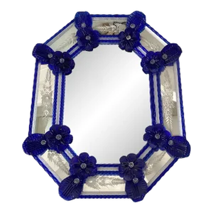 Venetian Octagonal Blue Floreal Hand-Carving Mirror in Murano Glass Style