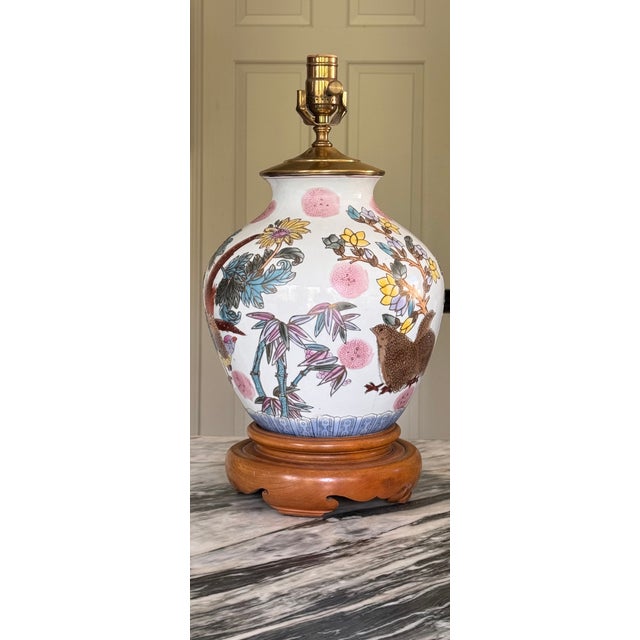 Blue Vintage Chinoiserie Lamp in Botanical & Bird Motifs Attributed to Frederick Cooper For Sale - Image 8 of 18