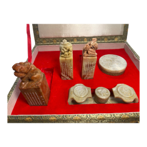 Mid 20th Century Shoushan Stone Seal and Accessories of Fuzhou, Fujian Province in China. Original Box and Certificate of Authenticity.
