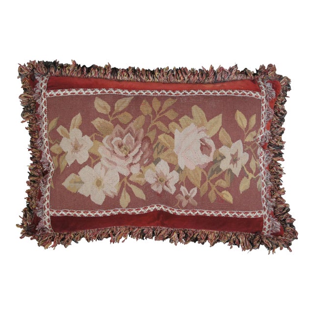Mid 20th Century Down Filled Red Velvet Floral Rose Embroidered Lumbar Throw Pillow For Sale