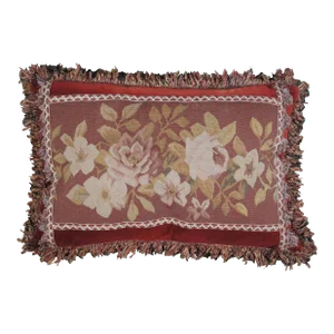 Mid 20th Century Down Filled Red Velvet Floral Rose Embroidered Lumbar Throw Pillow