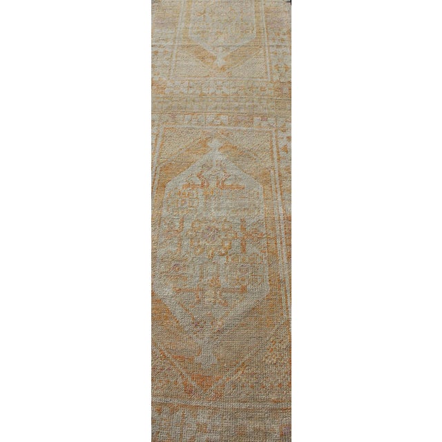 Textile Vintage Turkish Oushak Runner With Medallion's in Light Blue, Cream, Light Orange For Sale - Image 7 of 13